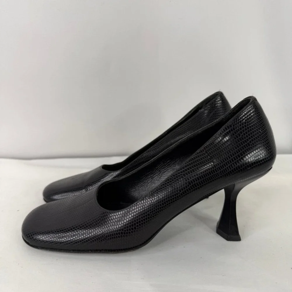 Classiques‎ Entier Black Lizard Embossed Leather Pumps Flared Heel Italy 7M